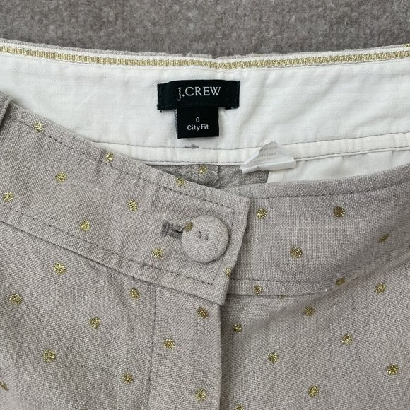 J Crew Shorts Womens 0 Beige 100% Linen Gold Glitter Polka Dots Cuffed City Fit - Picture 3 of 8